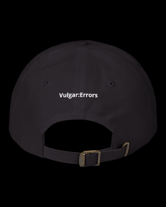 Back view of black hat showing adjustable strap and curved cap shape