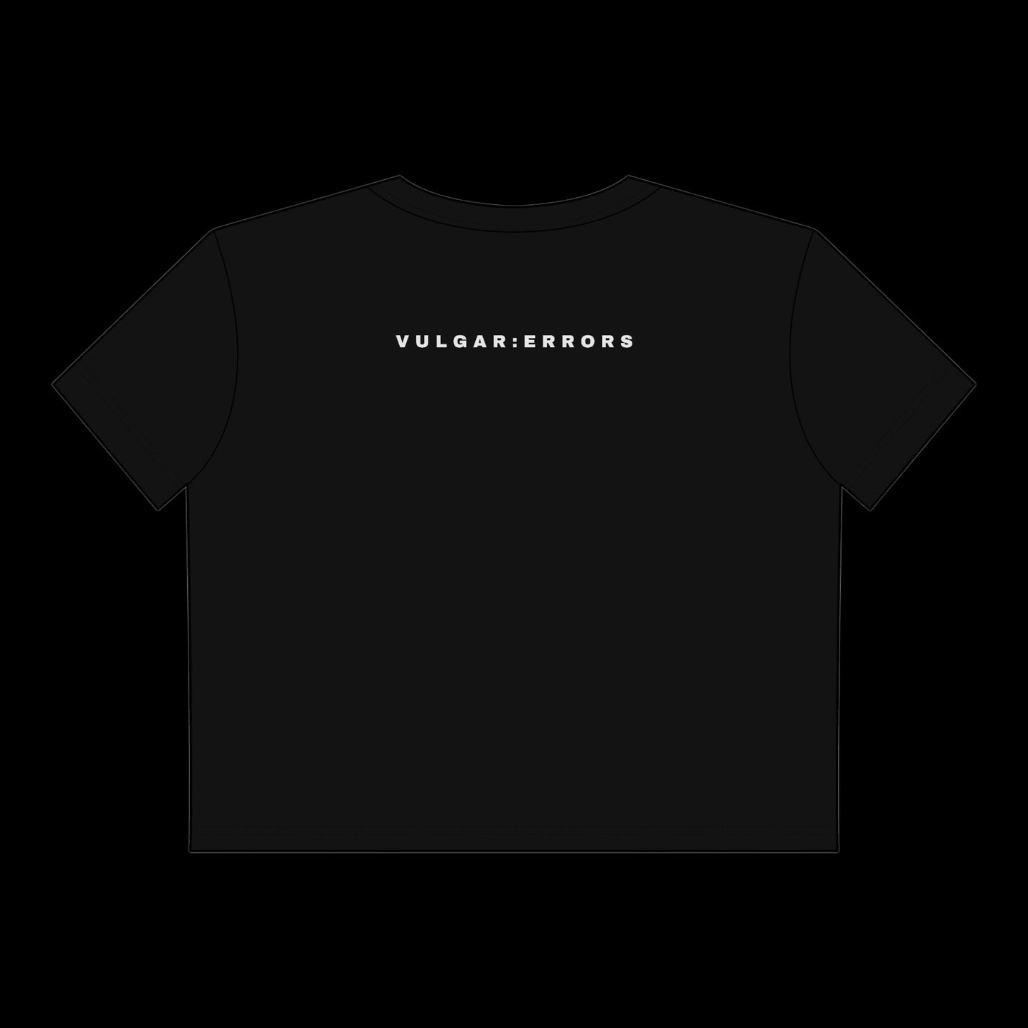 "Hot People Ruin Lives" Vulgar Errors cropped tee in black, back view showing the large white slogan back print