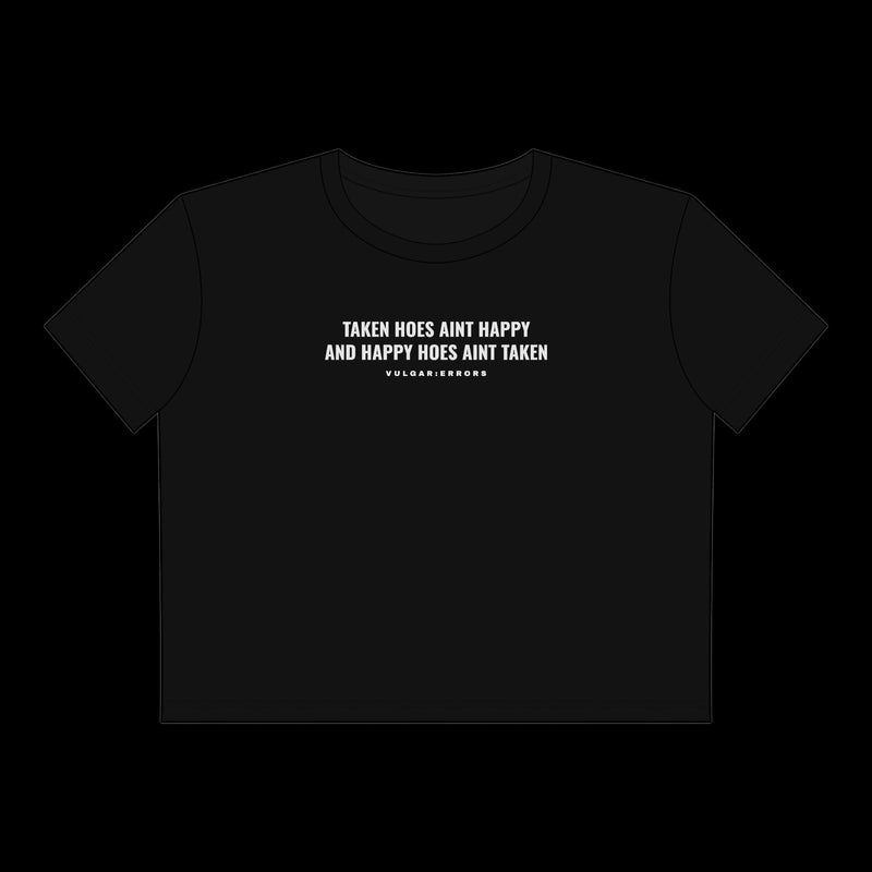 "Taken Hoes" Vulgar Errors cropped tee in black, back view showing the large white slogan back print