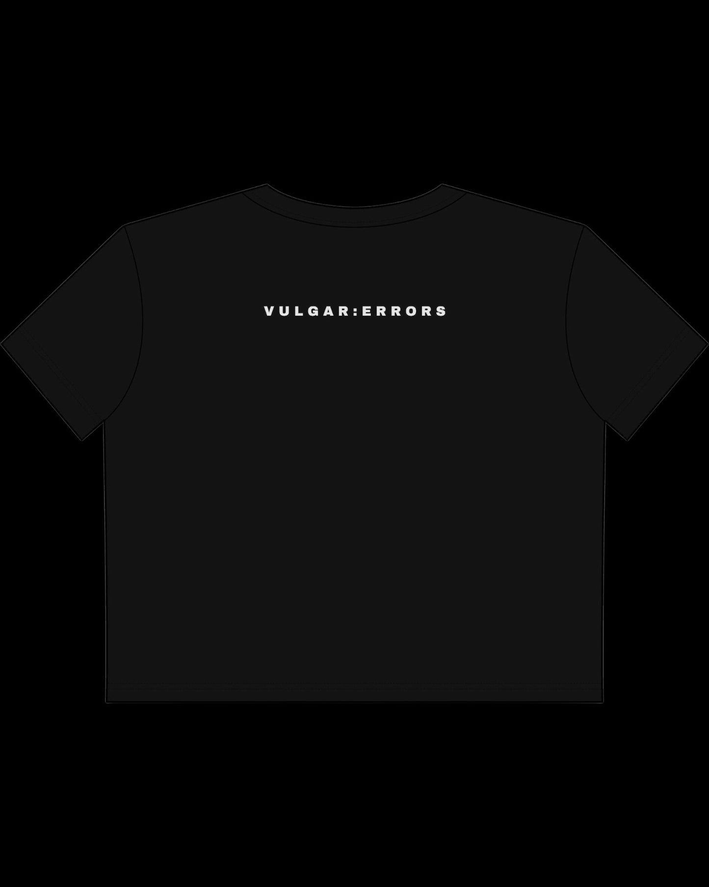 Back view of fitted black baby tee showing cropped shape, short sleeves, and clean cotton finish