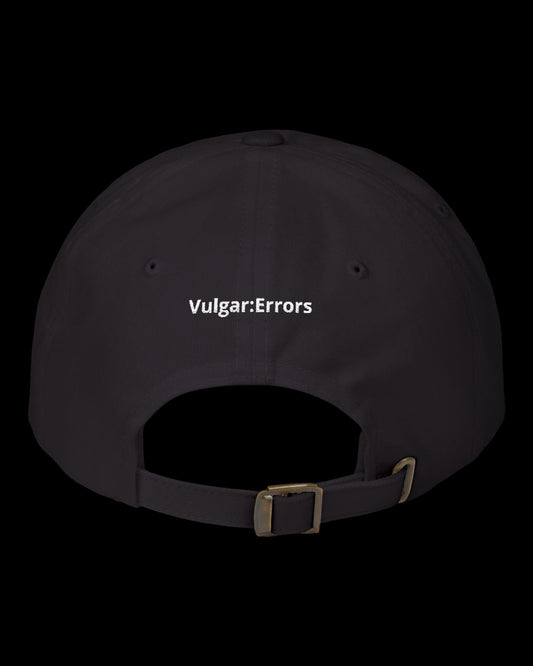 Back view of black hat showing adjustable strap and curved cap shape