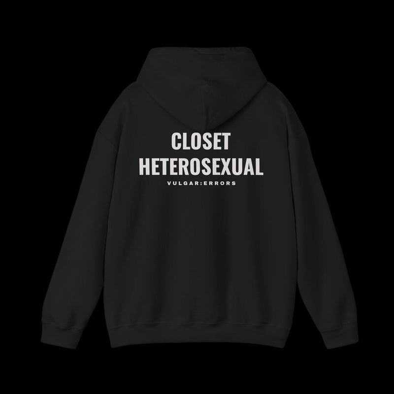 CLOSET HETEROSEXUAL Hoodie, back print, on a black background