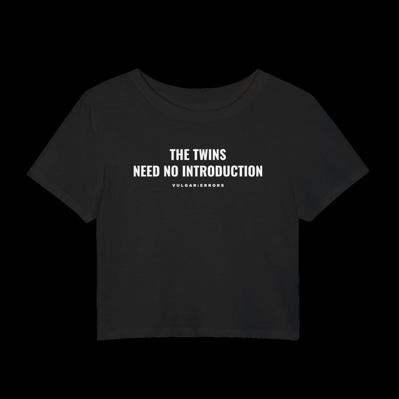 Vulgar Errors The Twins Baby Tee with white chest slogan print on fitted black cotton