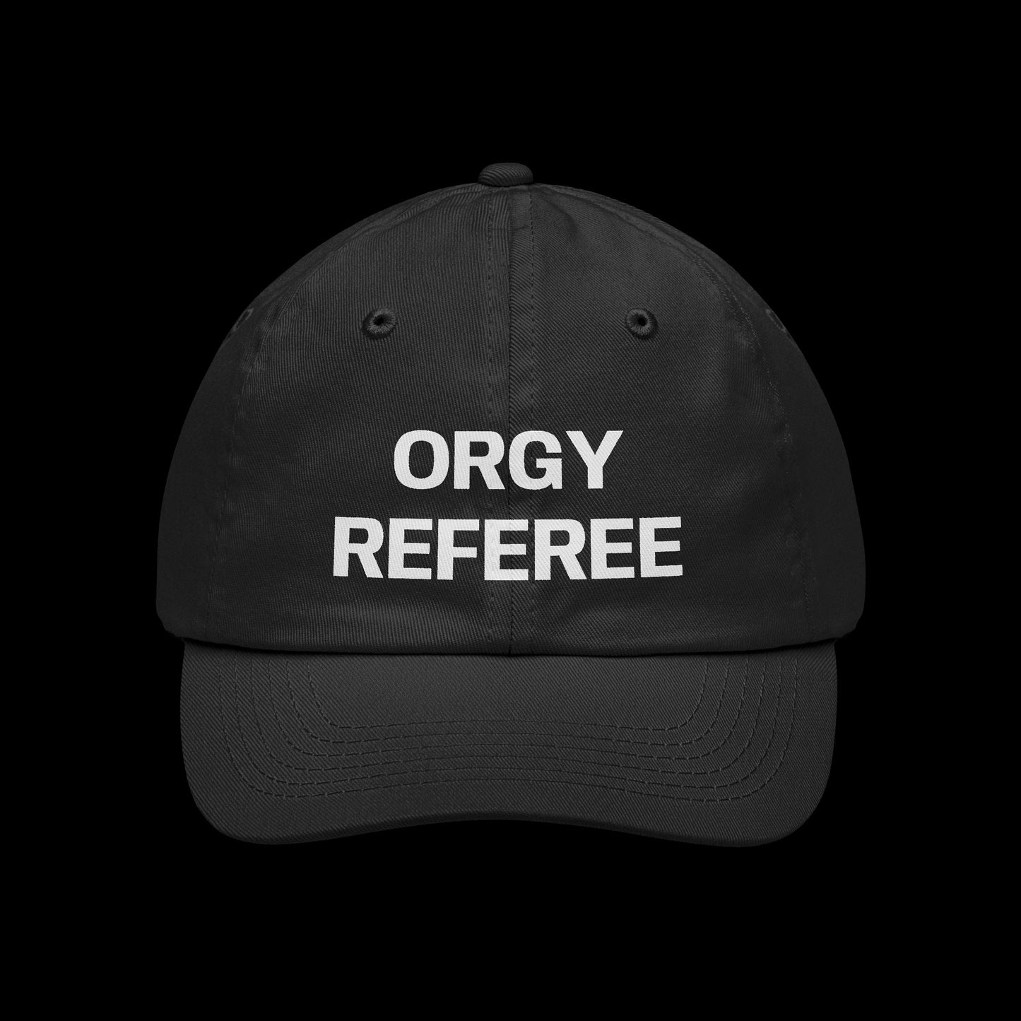 Vulgar Errors black 6-panel cotton chino twill hat with ORGY REFEREE text embroidery and pre-curved visor