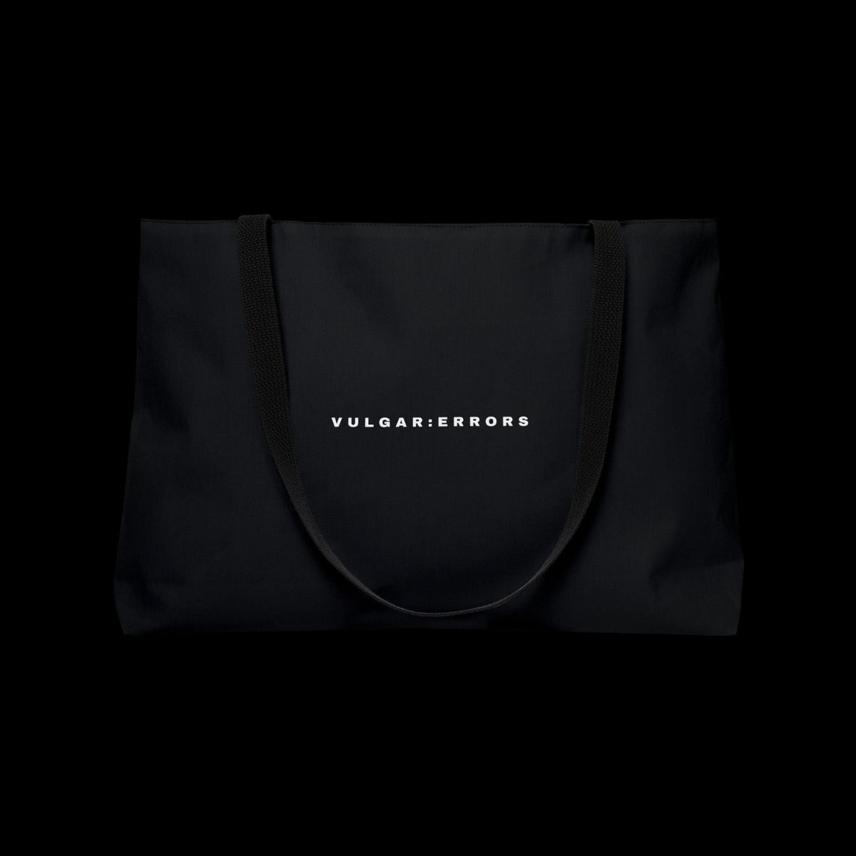 Vulgar Errors black weekender tote bag with durable spun polyester exterior and sturdy woven shoulder straps