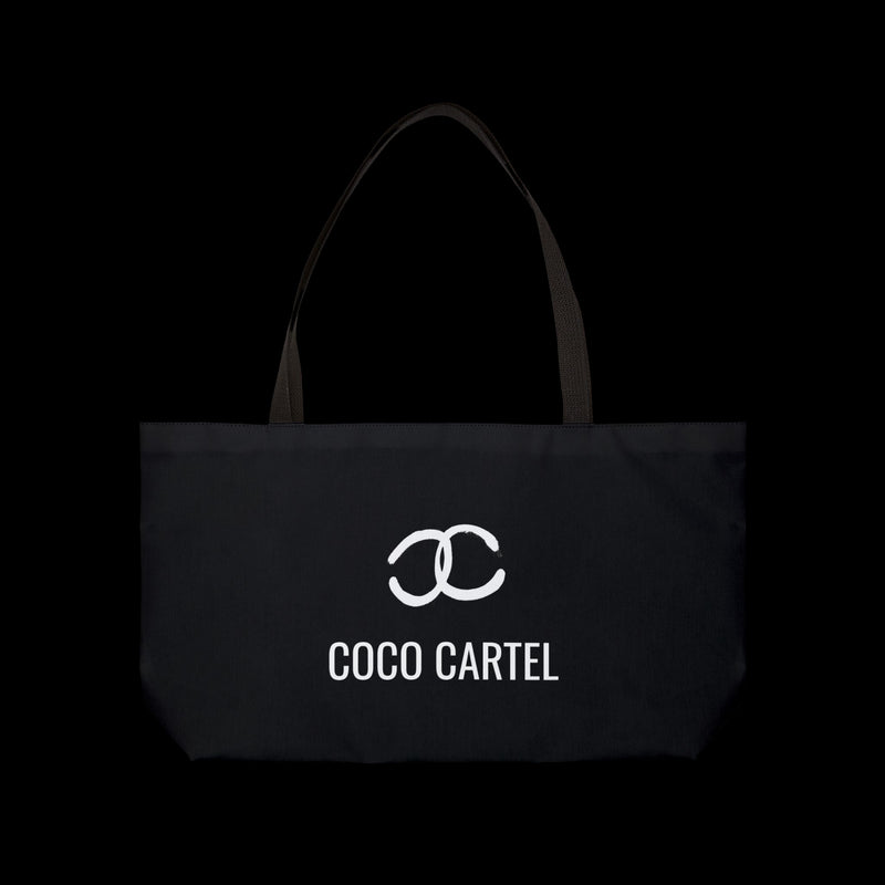 Vulgar Errors Coco Cartel black weekender tote bag with white logo and sturdy woven shoulder straps