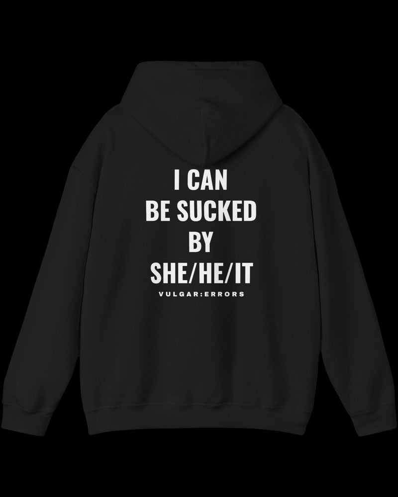 Vulgar Errors She/He/It Hoodie with large white back slogan print on black cotton