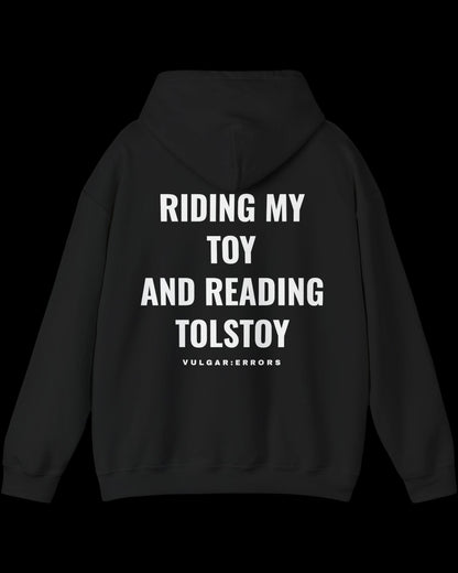 Vulgar Errors Reading Tolstoy Hoodie with large white back slogan print on black cotton