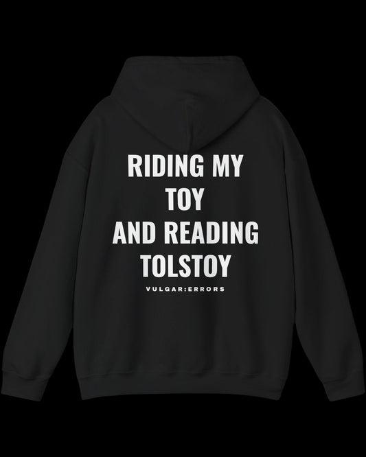 Vulgar Errors Reading Tolstoy Hoodie with large white back slogan print on black cotton