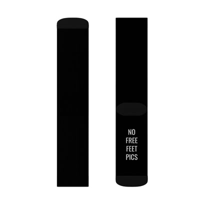 Black Sublimation Crew Socks — 'No Free Feet Pics' Printed Novelty Socks