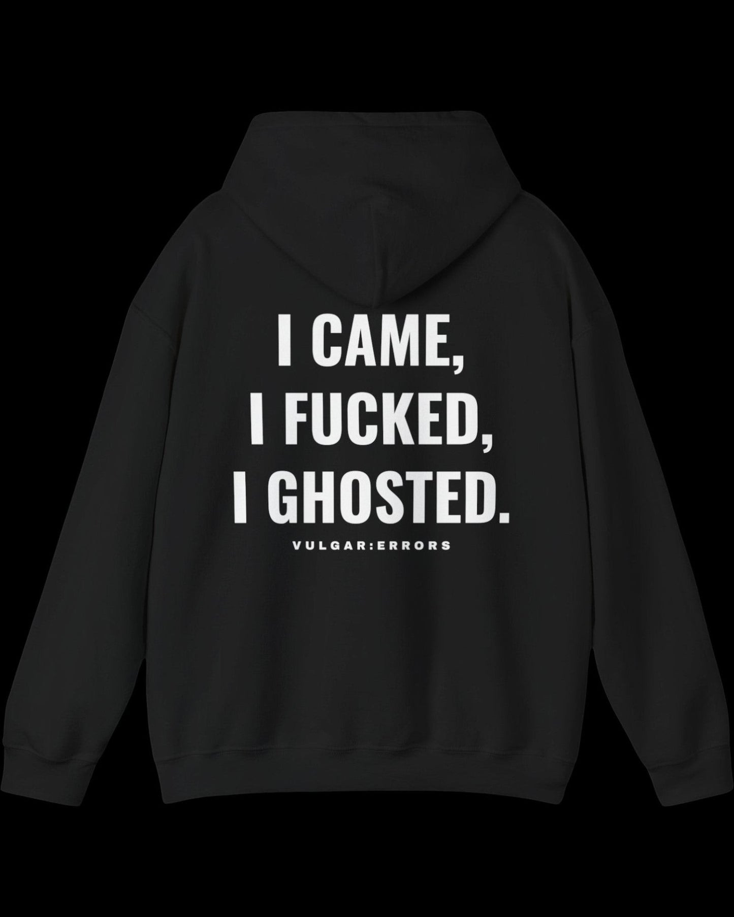Side view of black I Came...I Ghosted hoodie showing fit and sleeve length