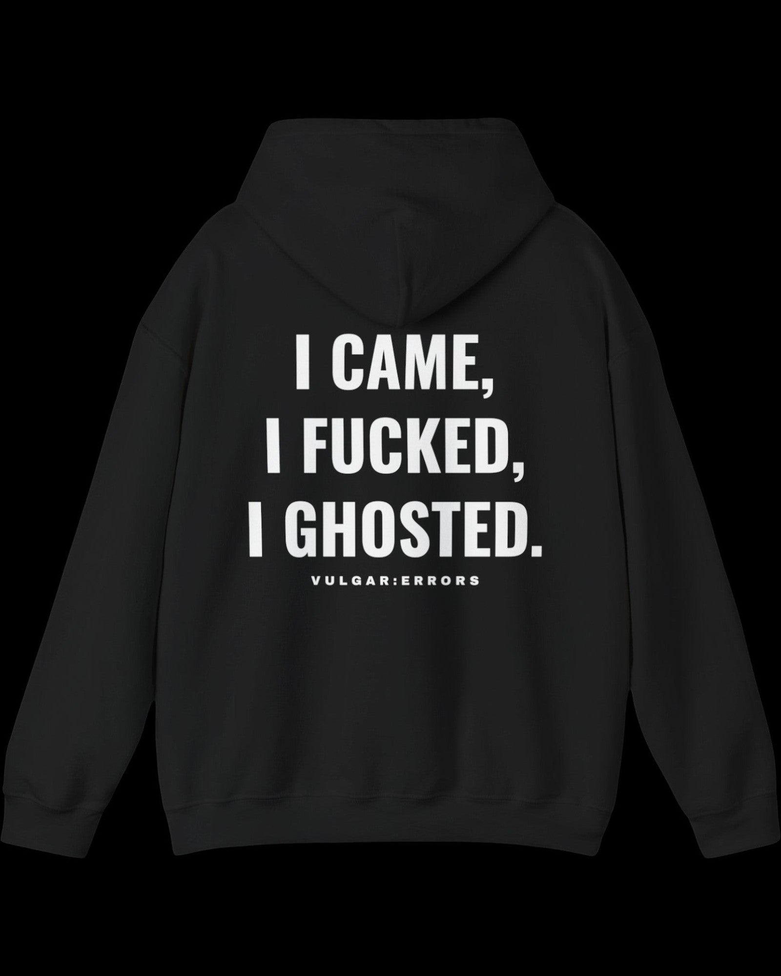 Side view of black I Came...I Ghosted hoodie showing fit and sleeve length