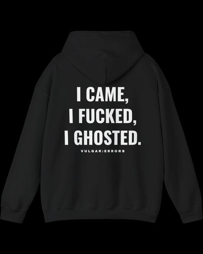 Side view of black I Came...I Ghosted hoodie showing fit and sleeve length