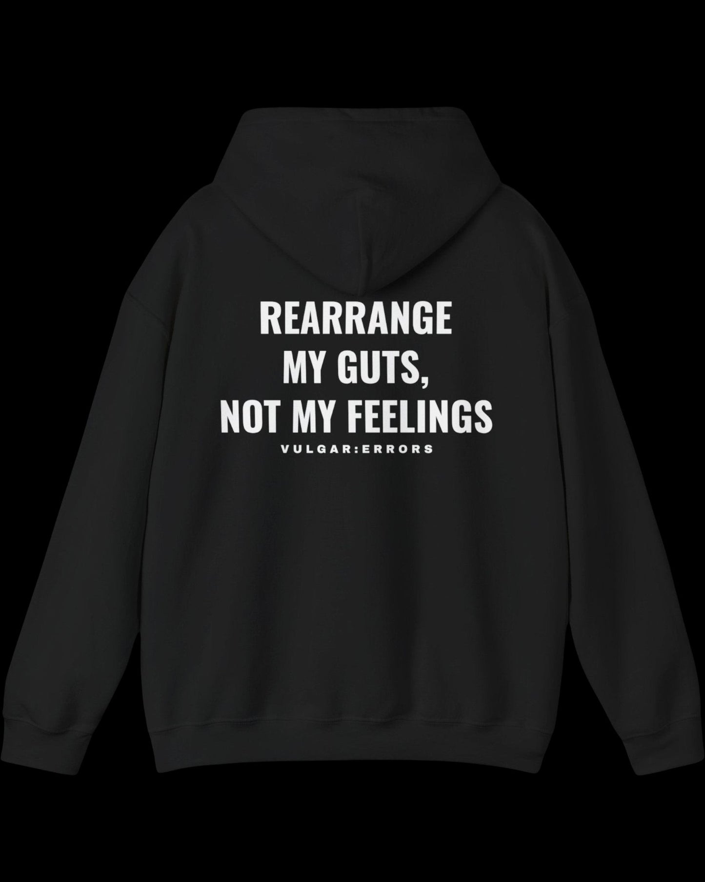 Vulgar Errors The Rearrangement Hoodie with large white back slogan print on black cotton