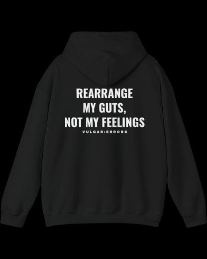 Vulgar Errors The Rearrangement Hoodie with large white back slogan print on black cotton