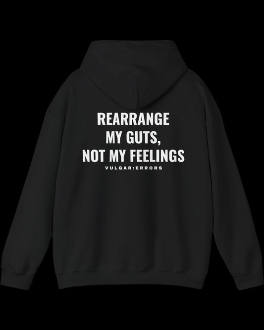 Vulgar Errors The Rearrangement Hoodie with large white back slogan print on black cotton