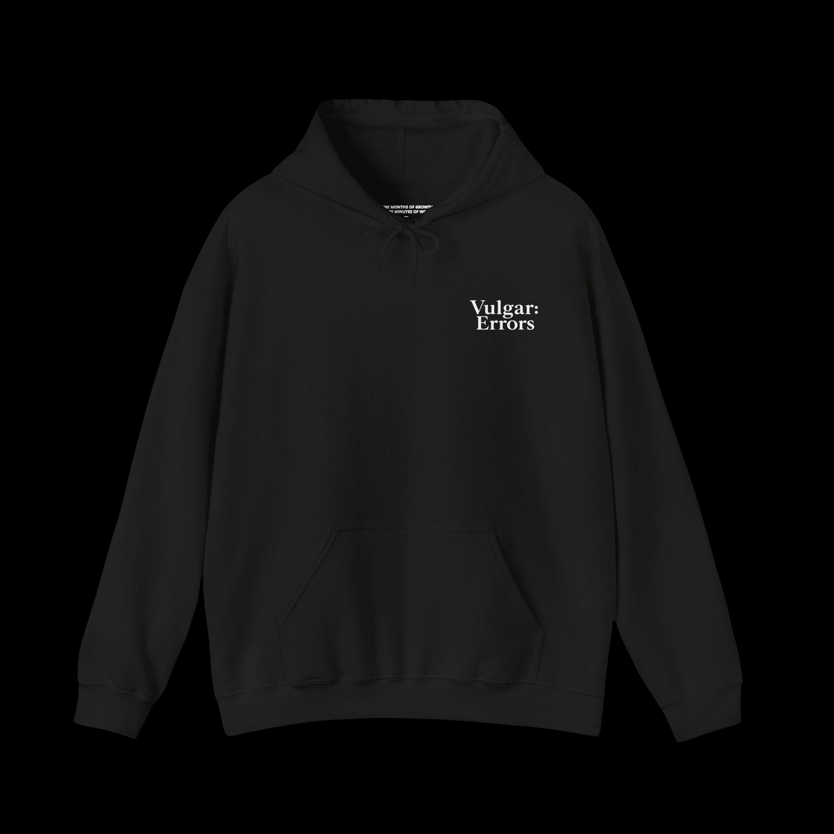 Vulgar Errors black pullover hoodie with a small white chest logo, featuring a relaxed unisex fit and front pocket.