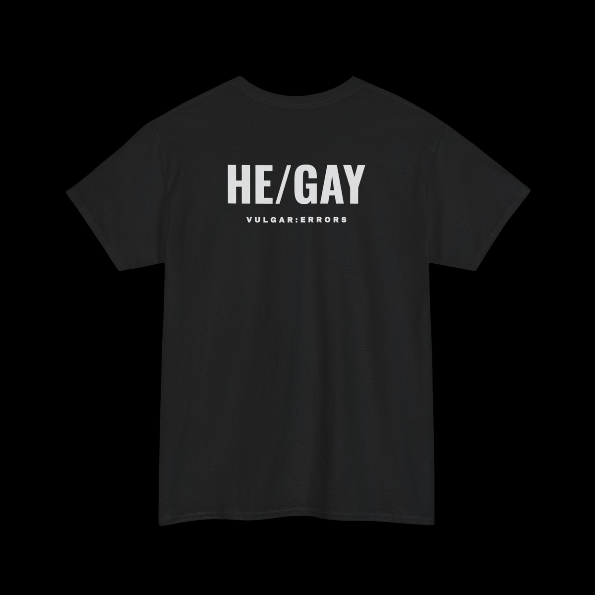 "HE/GAY" Vulgar Errors black t-shirt – back view