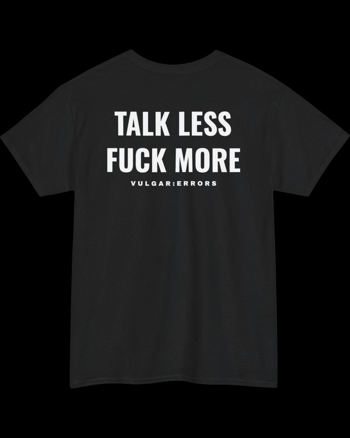Side view of black Talk Less T-shirt showing fit and sleeve length