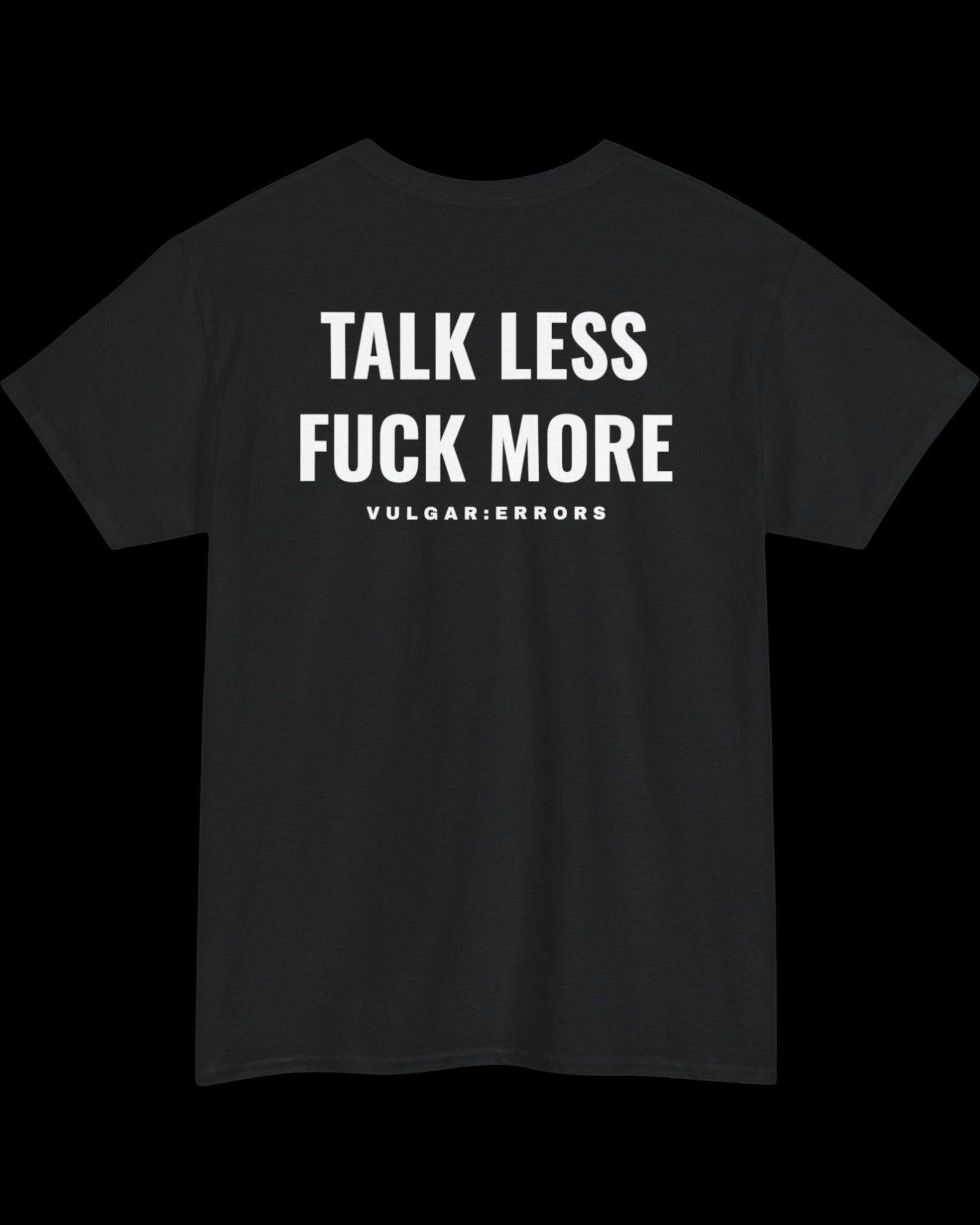 Side view of black Talk Less T-shirt showing fit and sleeve length