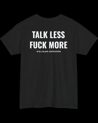 Side view of black Talk Less T-shirt showing fit and sleeve length