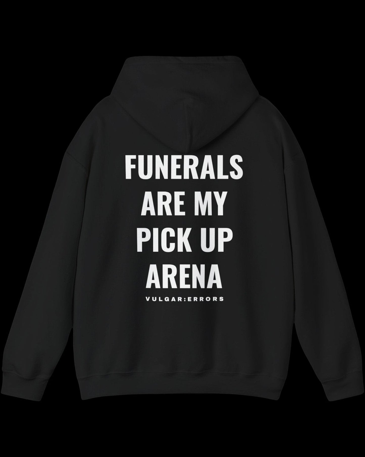 Side view of black My Pick Up Arena hoodie showing fit and sleeve length