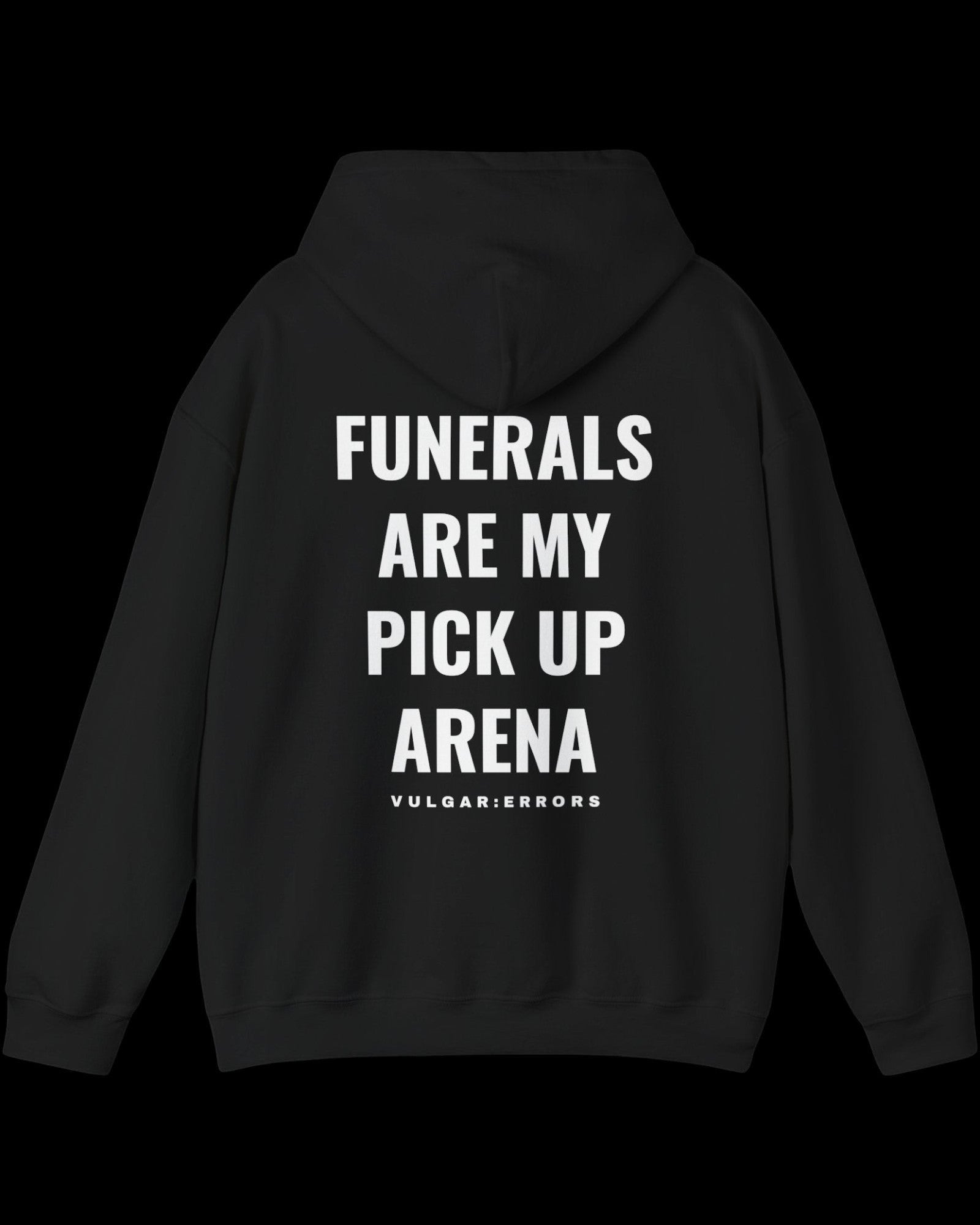 Side view of black My Pick Up Arena hoodie showing fit and sleeve length