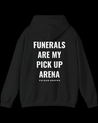 Side view of black My Pick Up Arena hoodie showing fit and sleeve length