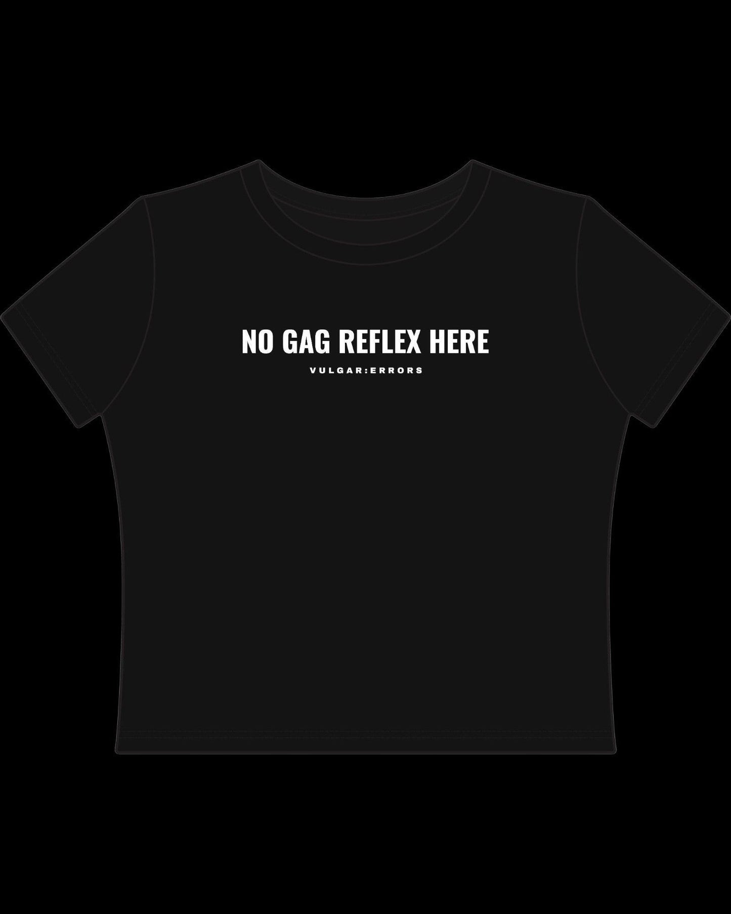 Back view of fitted black baby tee showing cropped shape, short sleeves, and clean cotton finish