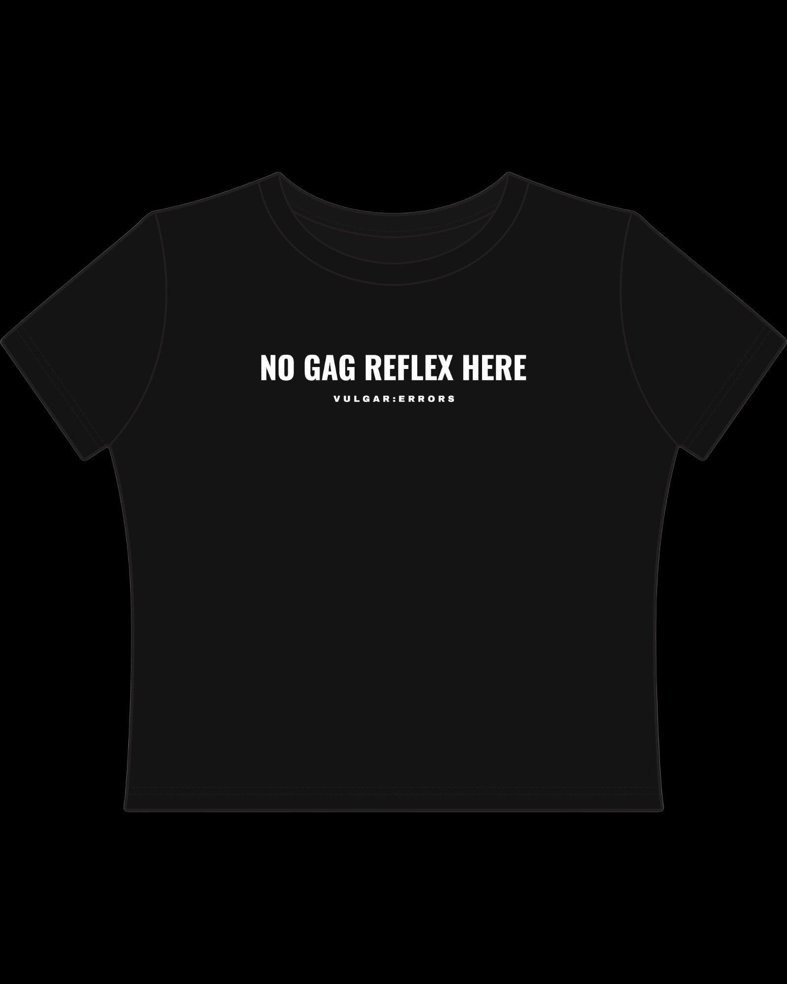 Back view of fitted black baby tee showing cropped shape, short sleeves, and clean cotton finish