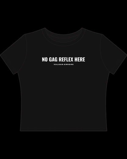 Back view of fitted black baby tee showing cropped shape, short sleeves, and clean cotton finish