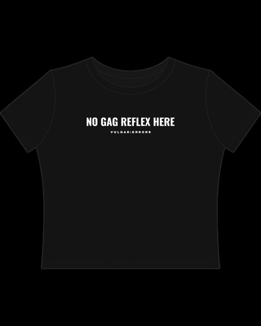 Back view of fitted black baby tee showing cropped shape, short sleeves, and clean cotton finish