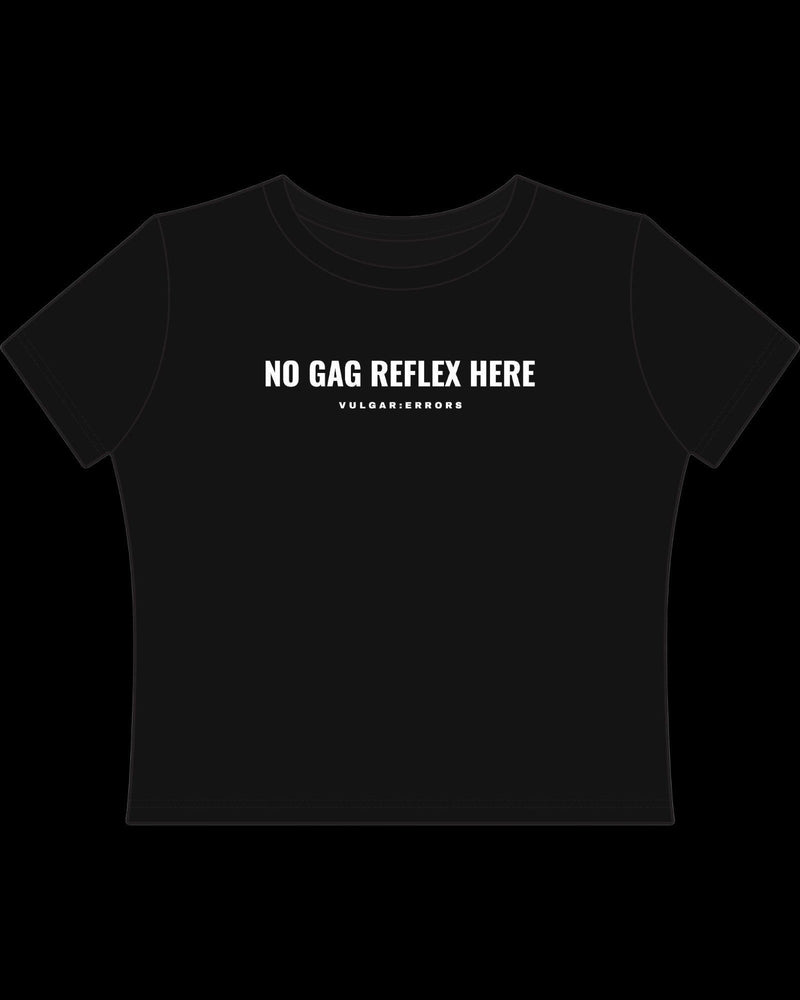 Back view of fitted black baby tee showing cropped shape, short sleeves, and clean cotton finish