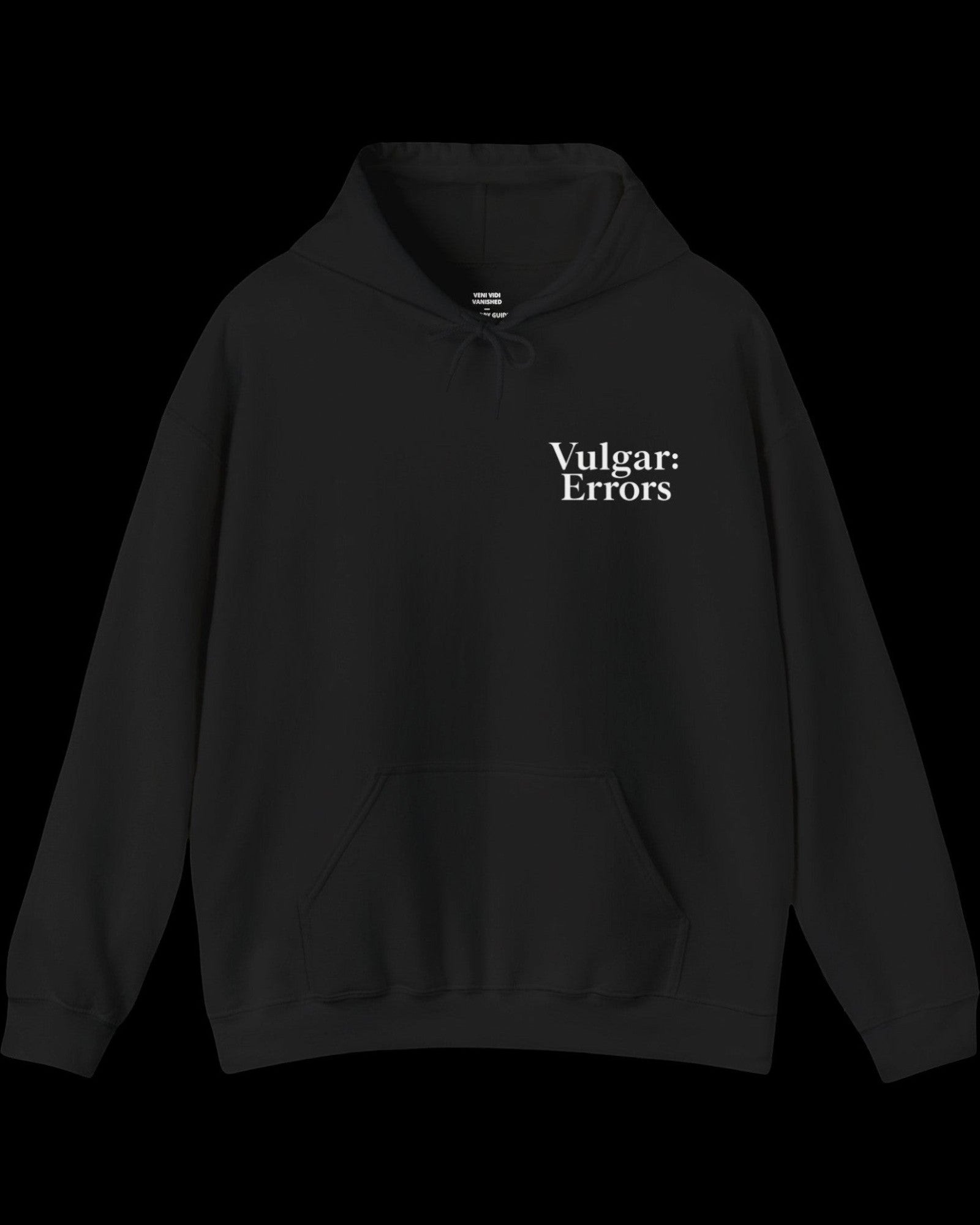 Front view of black hoodie with small white Vulgar Errors chest logo and crew neck fit