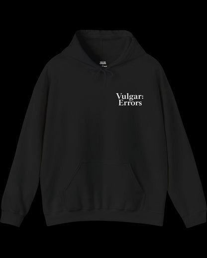 Front view of black hoodie with small white Vulgar Errors chest logo and crew neck fit
