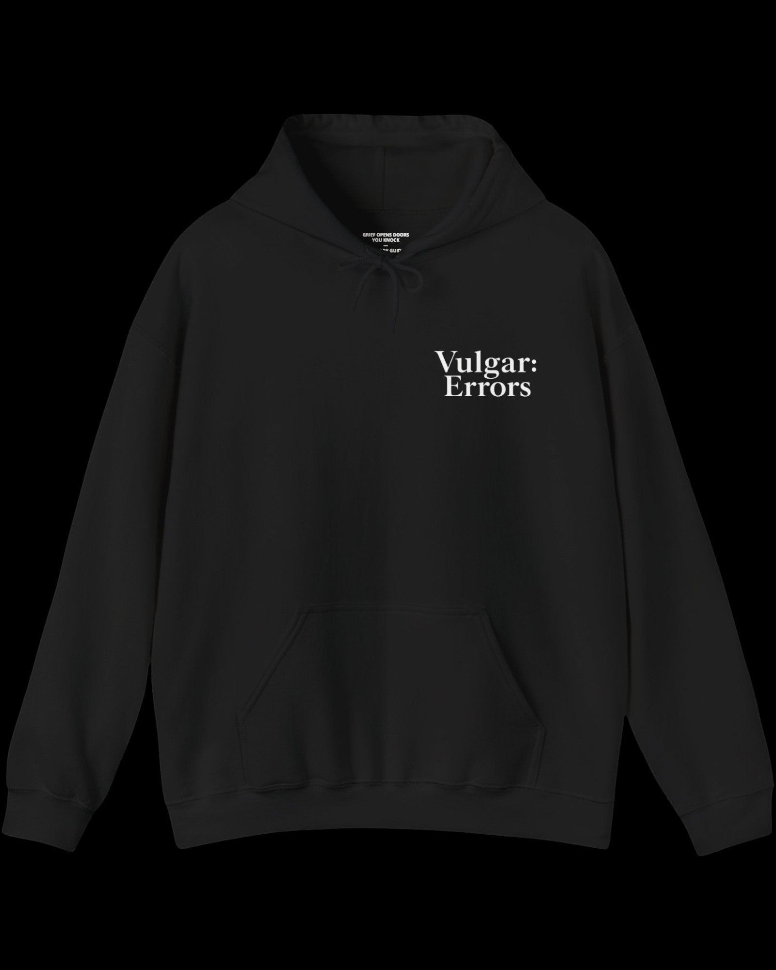 Front view of black hoodie with small white Vulgar Errors chest logo and crew neck fit