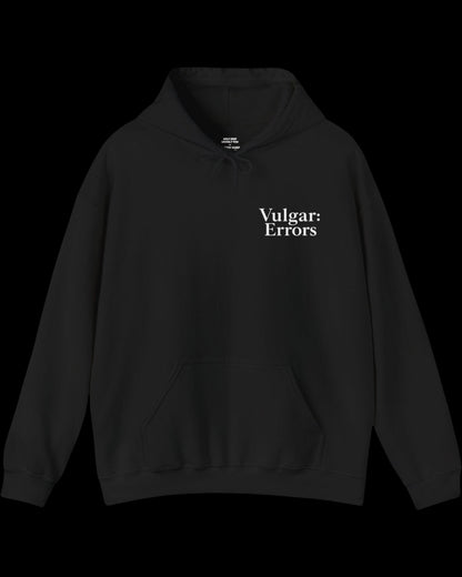 Front view of black hoodie with small white Vulgar Errors chest logo and crew neck fit