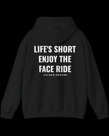 Vulgar Errors Life's Short Hoodie with large white back slogan print on black cotton