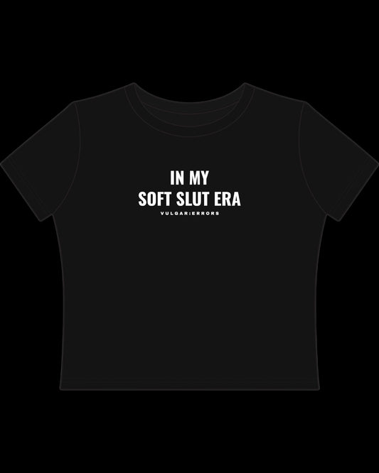 Vulgar Errors My Soft Era Baby Tee with white chest slogan print on fitted black cotton