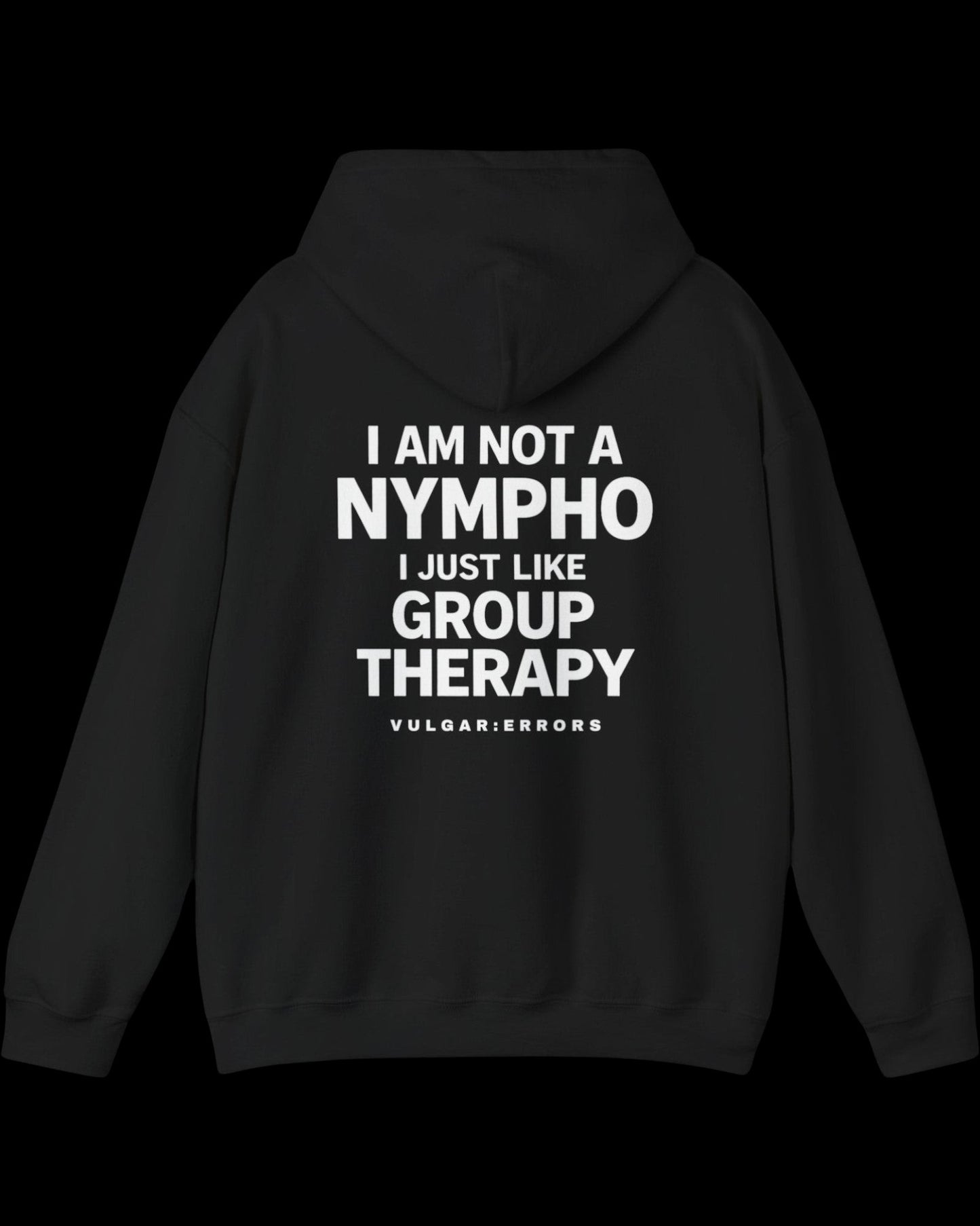 Side view of black Group Therapy hoodie showing fit and sleeve length