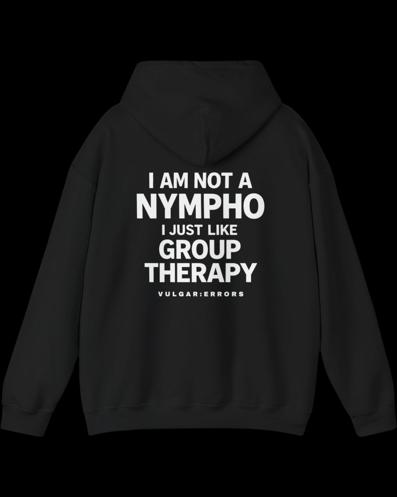 Side view of black Group Therapy hoodie showing fit and sleeve length