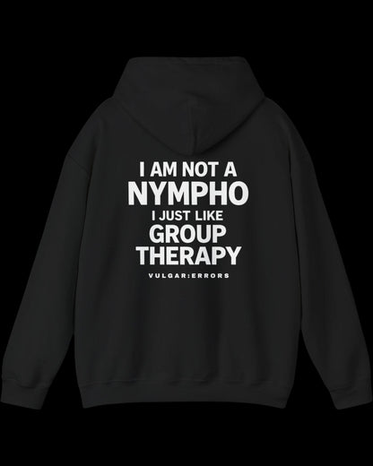 Side view of black Group Therapy hoodie showing fit and sleeve length