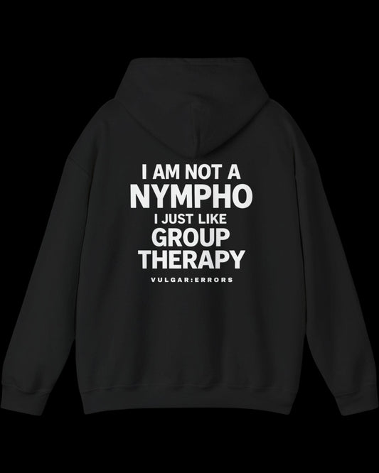 Side view of black Group Therapy hoodie showing fit and sleeve length