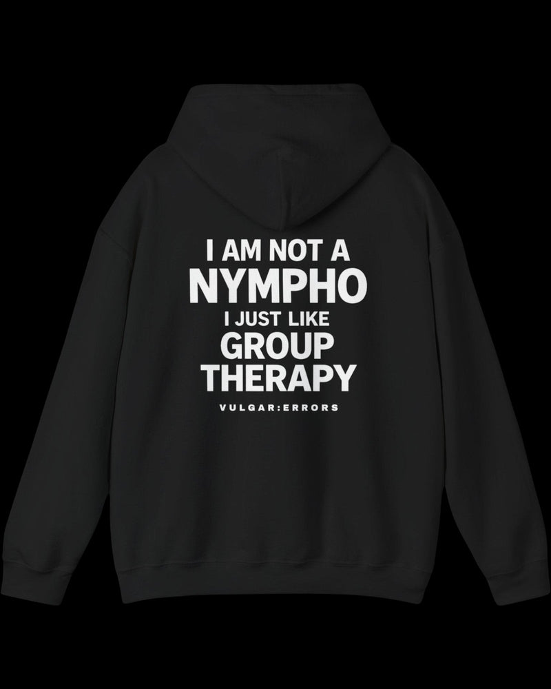 Side view of black Group Therapy hoodie showing fit and sleeve length