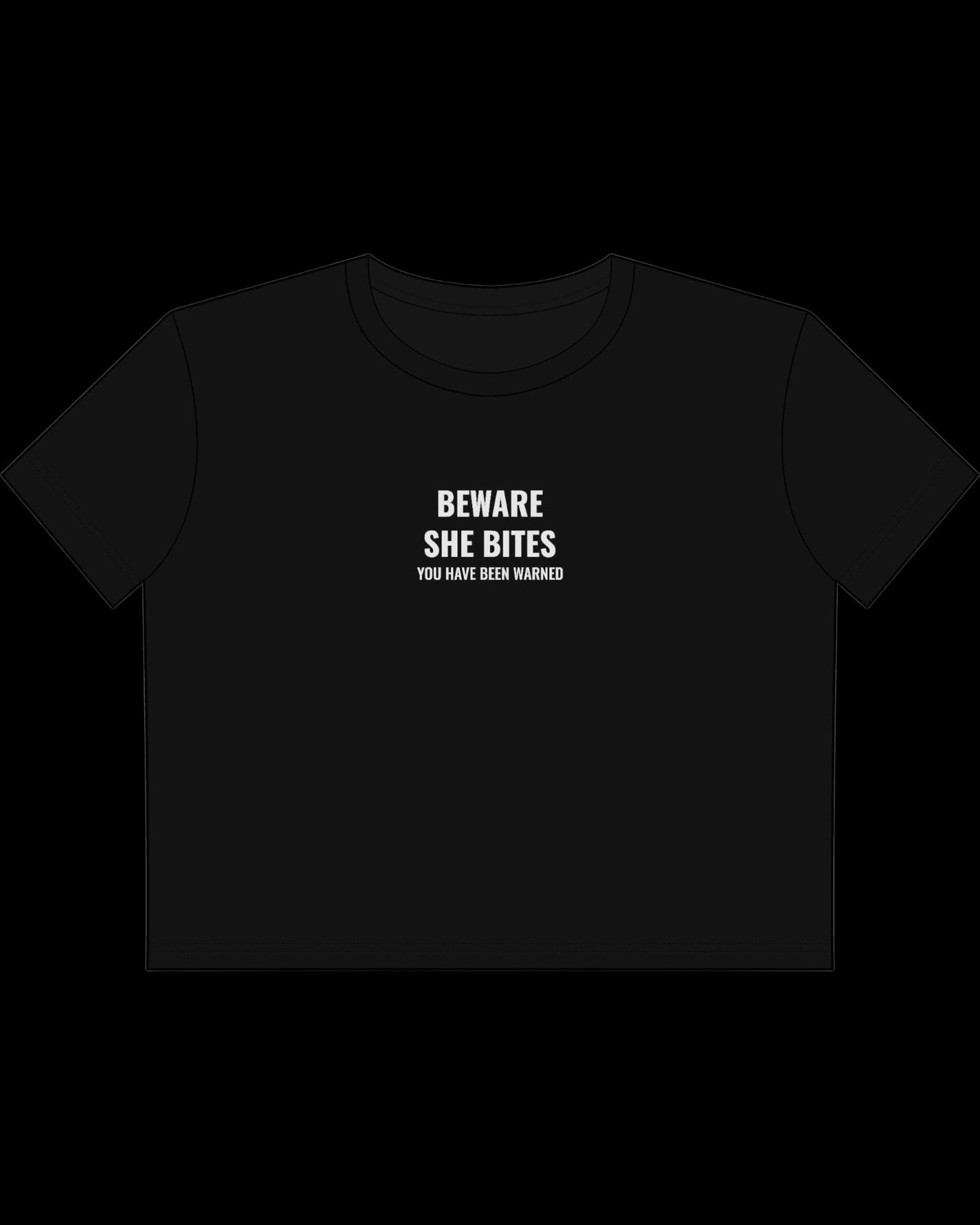 Vulgar Errors Beware She Bites Baby Tee with white chest slogan print on fitted black cotton