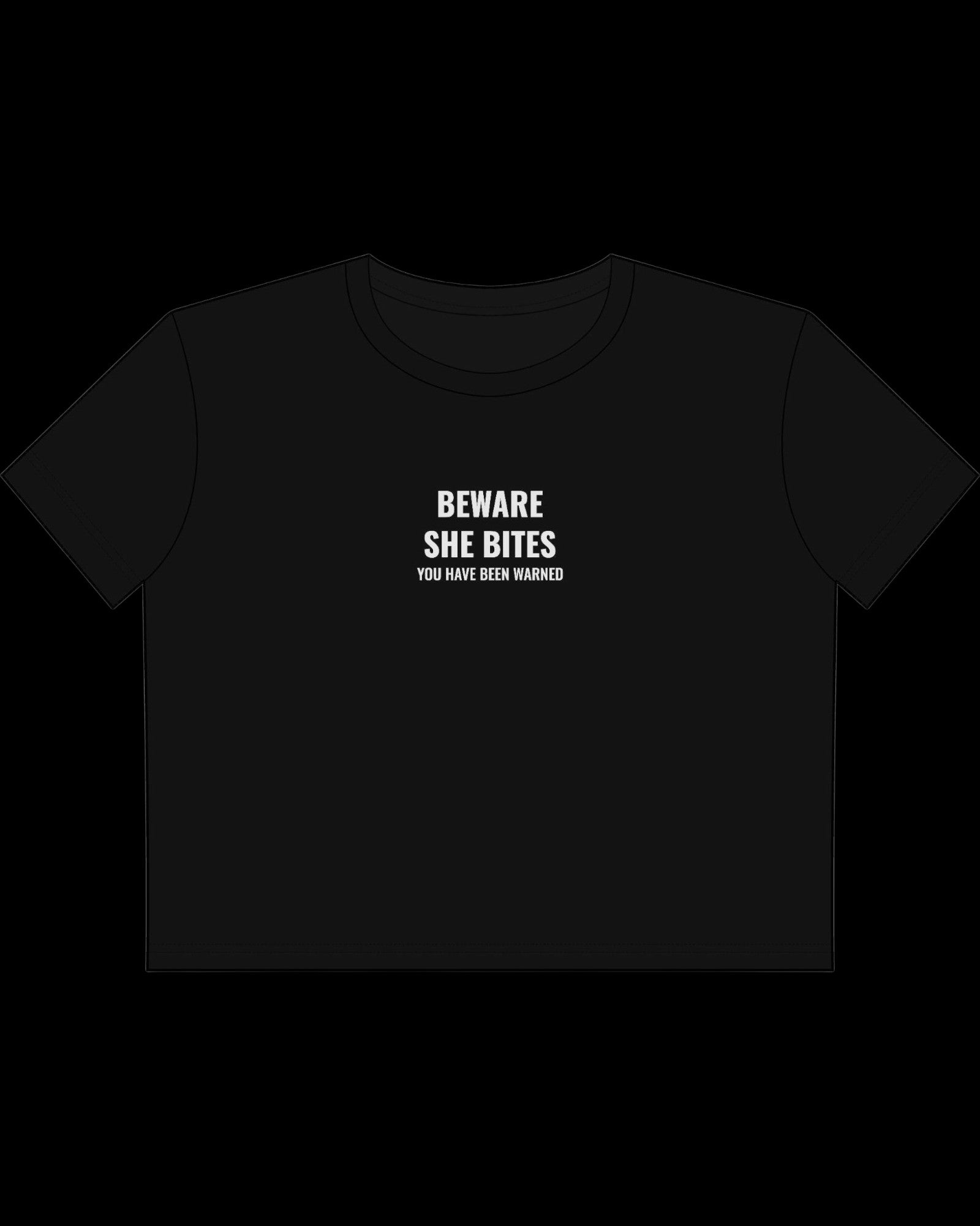 Vulgar Errors Beware She Bites Baby Tee with white chest slogan print on fitted black cotton