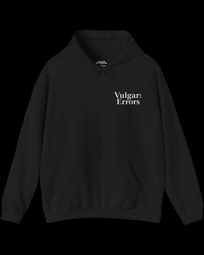 Front view of black hoodie with small white Vulgar Errors chest logo and crew neck fit