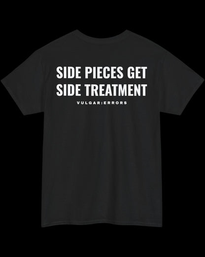 Vulgar Errors Side Piece T-Shirt with large white back slogan print on black cotton