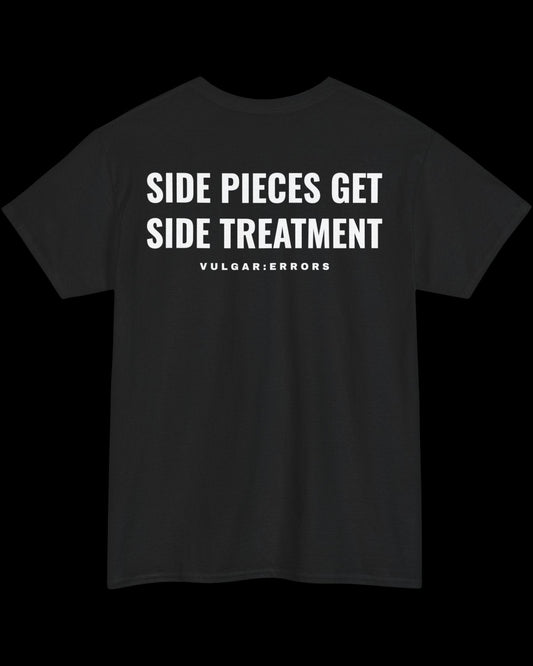 Vulgar Errors Side Piece T-Shirt with large white back slogan print on black cotton