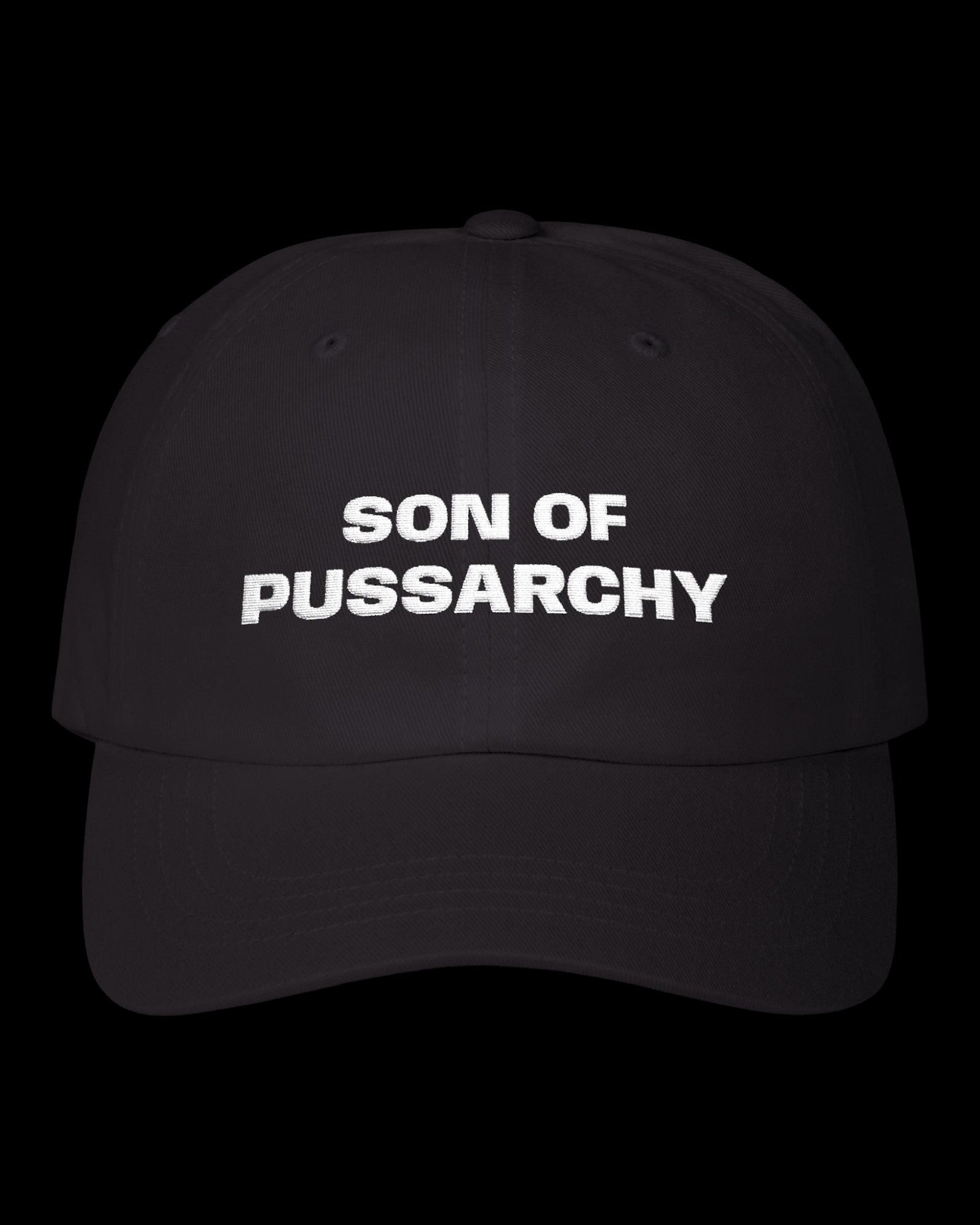 Vulgar Errors Son of P Hat with embroidered front slogan on black cotton cap